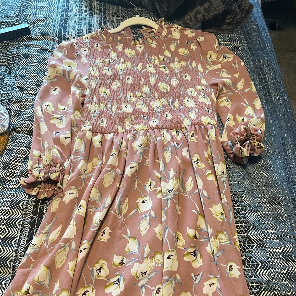Long Sleeve Floral Dress, light pink with light blue & green flowers